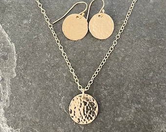 Gold Filled Disc Necklace and Earrings Set: Minimalist Hammered Jewelry, Unique Mother's Day Gift for Her