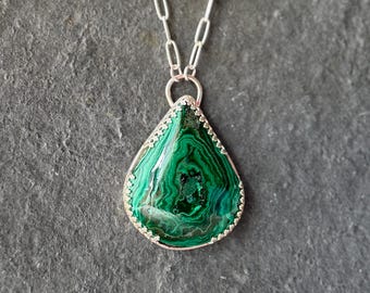 Malachite Gemstone & Sterling Silver Pendant Necklace - Statement Jewelry, Unique Mother's Day Gift for Her