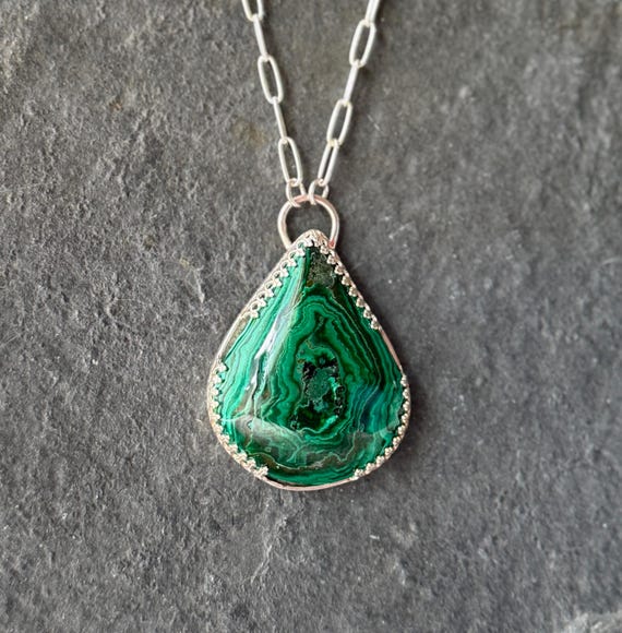Malachite and sterling silver pendant necklace, unique Mother's Day gift, gemstone lover gift, statement pendant necklace, gift for wife