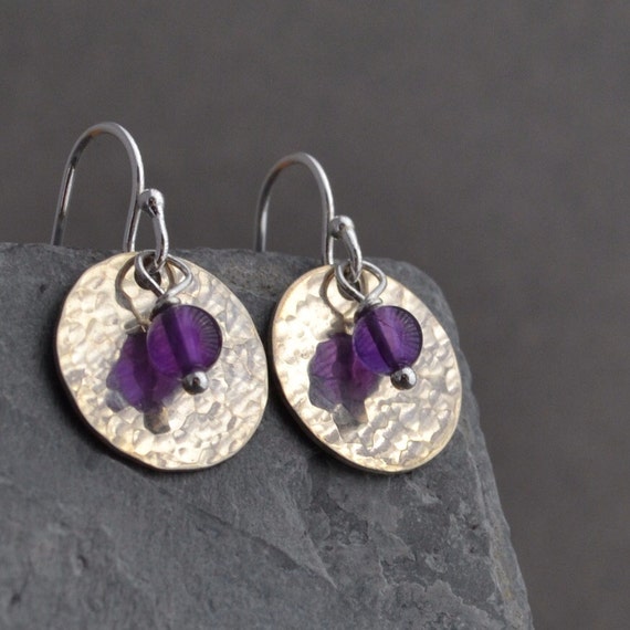 Sterling Silver Disc and Amethyst Earrings