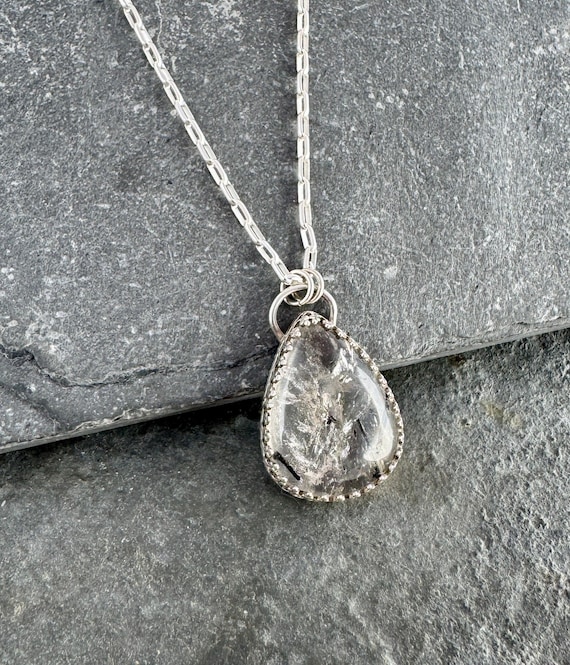 Sterling Silver and Tourmalinated Quartz Pendant Necklace - Unique Valentine's Day Gift