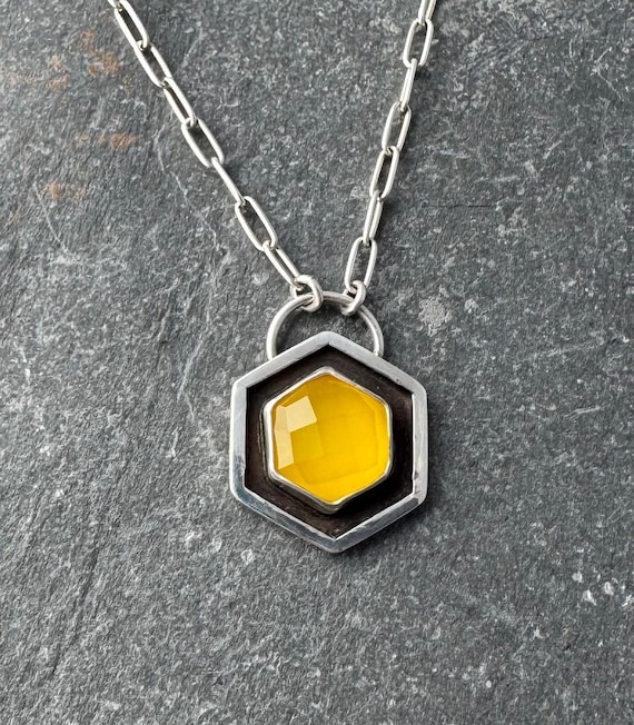 Yellow Onyx and Sterling Silver Necklace: Hexagon Honeycomb Gemstone