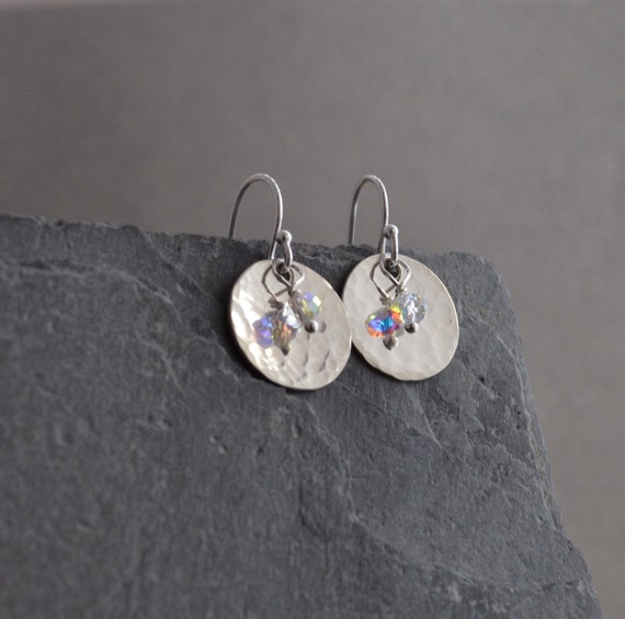 Sterling Silver Hammered Disc and Crystal Earrings