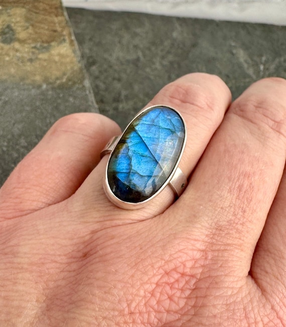 Sterling Silver and Labradorite Statement Ring - Size 8