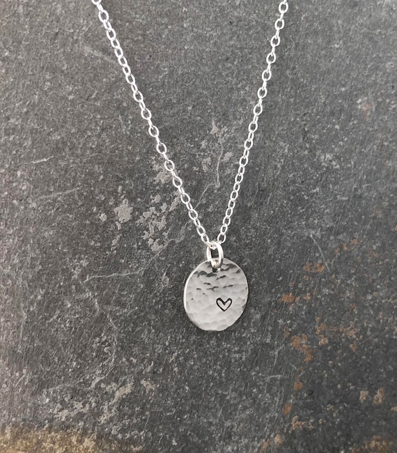 Sterling Silver Hammered Disc Necklace with Heart