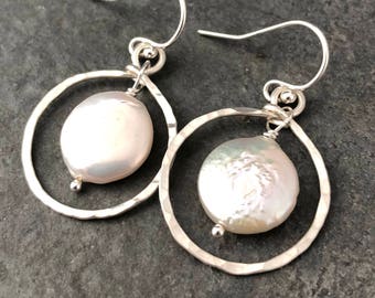 Freshwater Coin Pearl Earrings: Hammered Sterling Silver Hoops, Bridal Jewelry, Unique Mother's Day Gift for Her