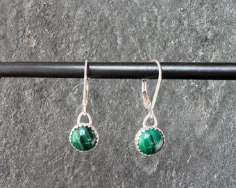 Sterling Silver Malachite Earrings: 8mm Gemstone Leverback Earrings, Unique Mother's Day Gift for Her