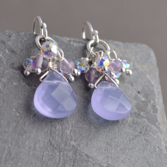 Purple Chalcedony and Sterling Silver Dangle and Sparkle Earrings