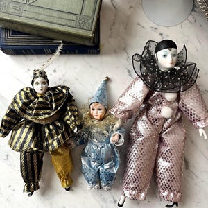 shimmery Pierrot | shiny classic clown | vintage doll ceramic face hand painted |  ruffle neck | circus | lunaire | bendable figurines