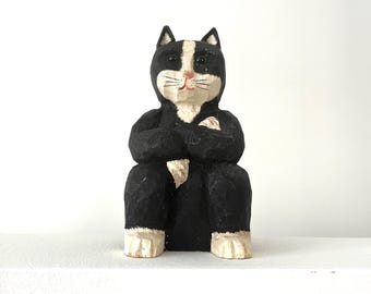 James Haddon Carved Wooden Cat Blonde Blue Eyed Signed Jeweled