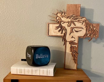 Wood Cross with Jesus Face Your Choice of wood stains