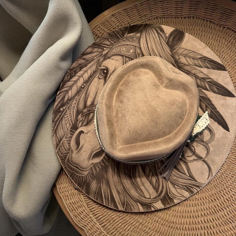 vegan suede rancher hat engraved horse design gift for horse lover