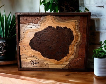 Kauai Island 7-Layer Bathymetric Art | Laser Cut & Engraved Wood Decor | Kauai Nautical Map