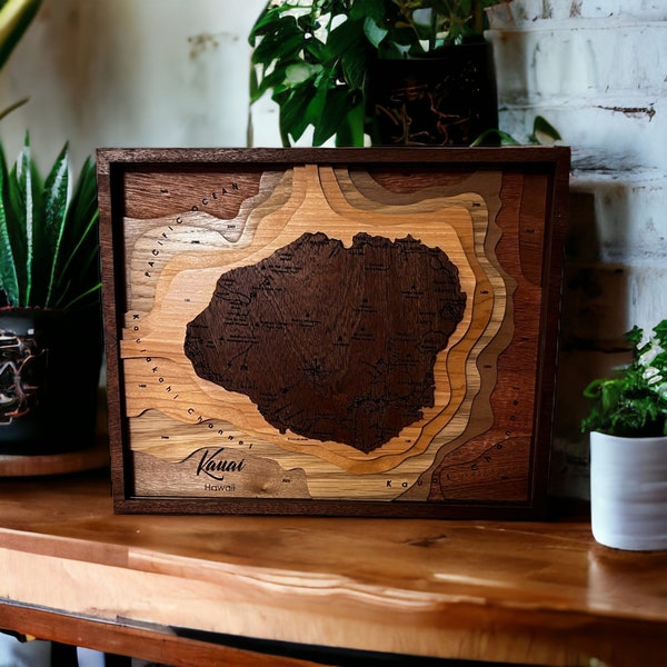 Kauai Island 7-Layer Bathymetric Art | Laser Cut & Engraved Wood Decor | Kauai Nautical Map