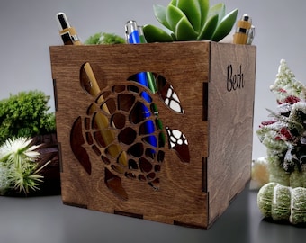 Custom Engraved Desk Caddy, Sea Turtle Wood Desk Organizer, Sea Turtle Desk Storage, Sea Turtle Office Decor