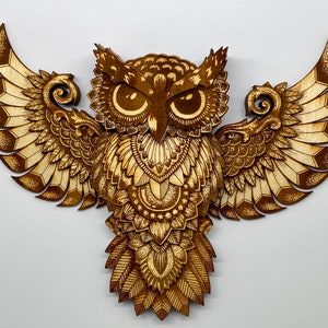Thirteen layer engraved owl.  Varied colors of the engrave along with the layers give this owl depth and dimension.  Front view