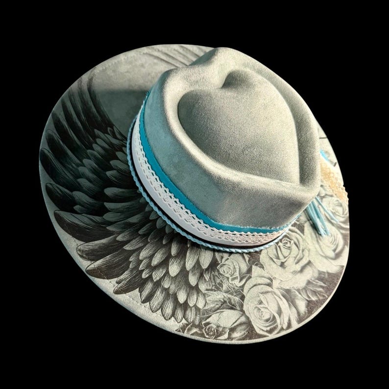 Vegan Suede Wide Brim Hat: Engraved Angel Wings and Roses image 13