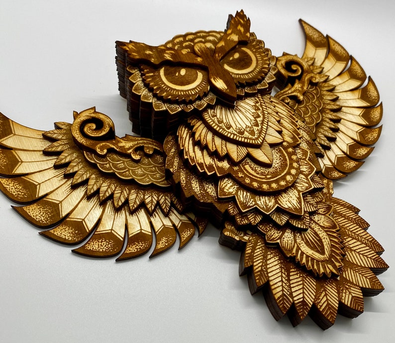 Thirteen layer engraved owl.  Varied colors of the engrave along with the layers give this owl depth and dimension.