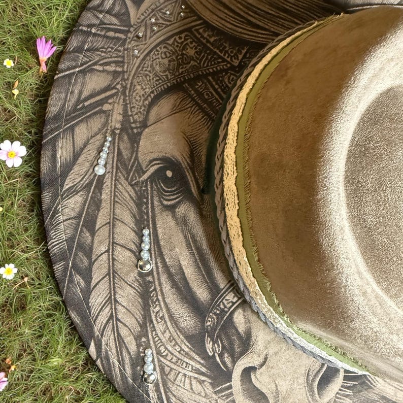 western boho hat with ribbon lace band and braided leather detail