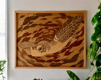 Handmade Marquetry Sea Turtle Wall Art: Coastal Wood Decor