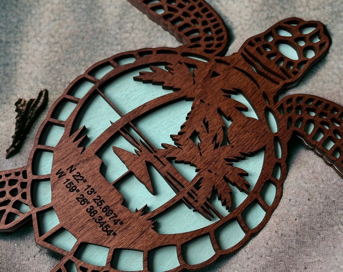 Laser Cut Sea Turtle Wall Decor: Custom Beach Scene, GPS Coordinates - Etsy