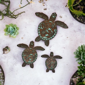 Wood Sea Turtle Set of Three. Tropical Turtle Set. Hawaiian Hibiscus Sea Turtle Ohana. Sea Turtle Trio.