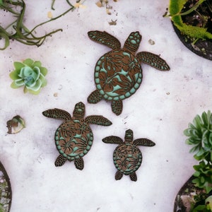 Wood Sea Turtle Wall Art: Hawaiian Hibiscus Trio