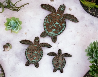 Wood Sea Turtle Set of Three. Tropical Turtle Set. Hawaiian Hibiscus Sea Turtle Ohana. Sea Turtle Trio.