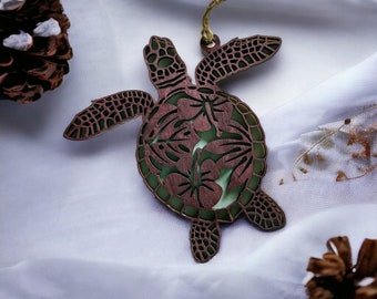 Sea Turtle Christmas Ornament. Floral Sea Turtle Ornament.  Custom Color Sea Turtle Ornament. Hawaiian Sea Turtle Tree Decor