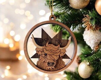 Personalized Highland Cow Christmas Ornament: Wooden Marquetry Farmhouse Gift