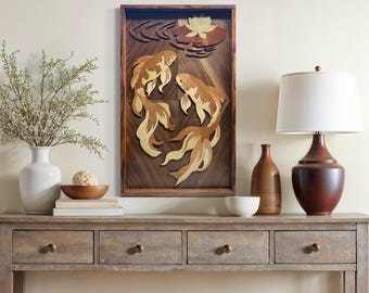 Koi Fish & Lotus Lily Wood Wall Art: Layered Marquetry, Handmade in Hawaii