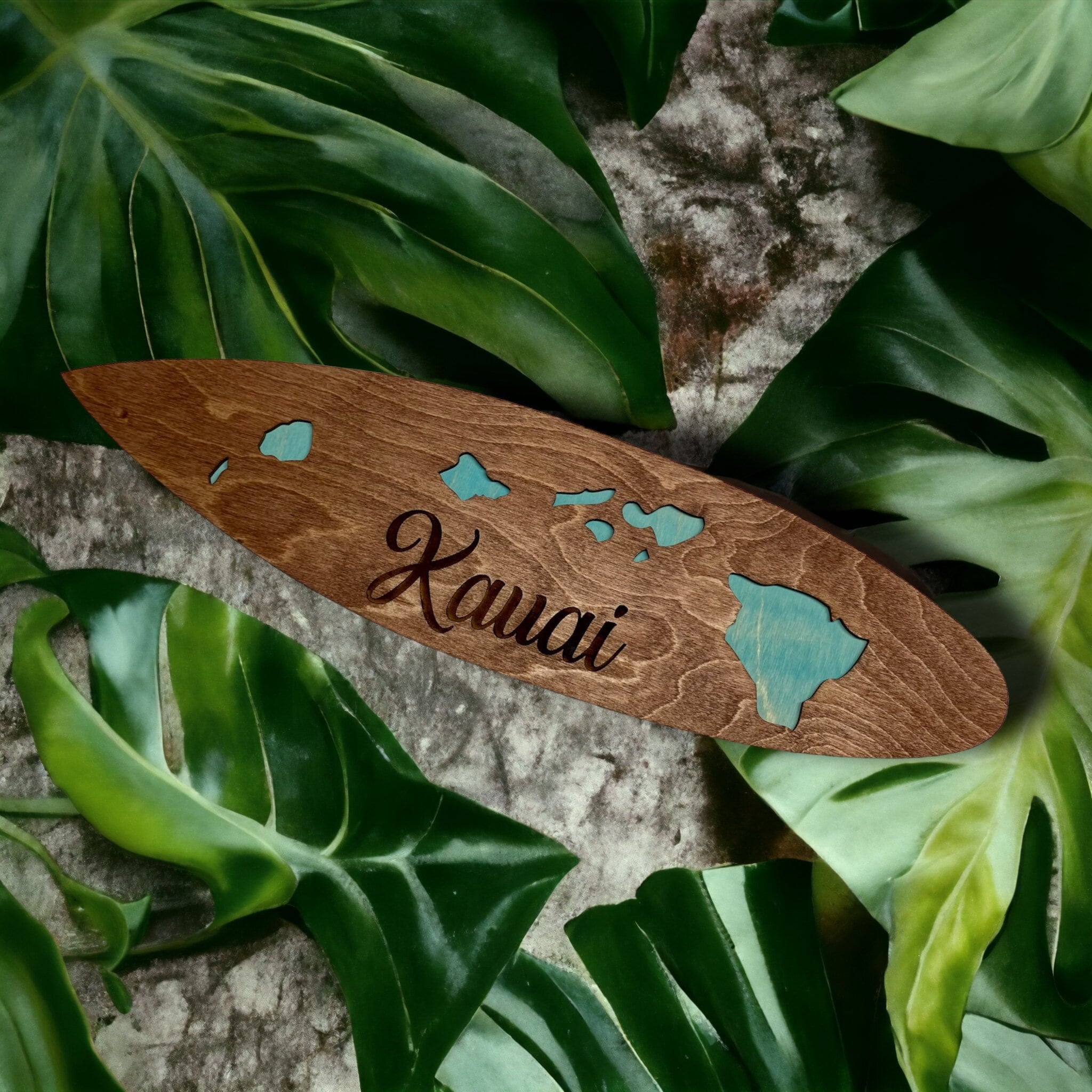 Engraved Kauai Surfboard Art: Custom Hawaiian Island Decor