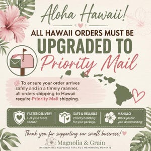 May include: A beige informational graphic featuring pink hibiscus flowers and green tropical leaves. The text reads Aloha Hawaii! All Hawaii orders must be upgraded to Priority Mail. It includes a mailbox icon, a map of Hawaii, and icons for faster delivery, safe handling, and a thank you message.