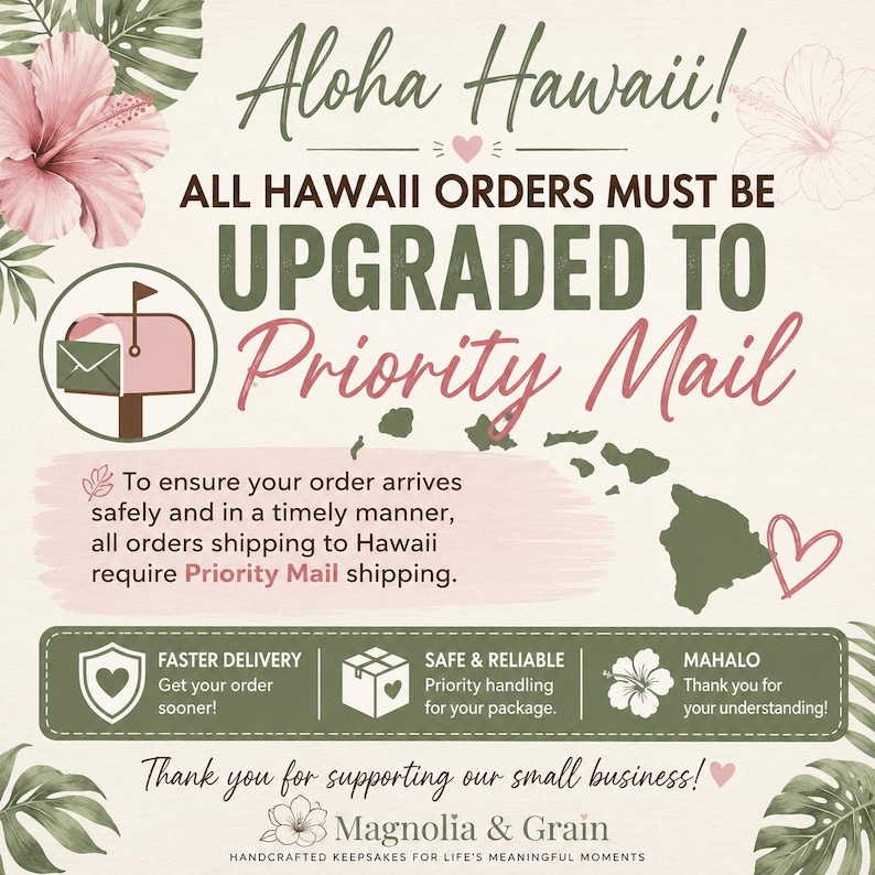 May include: A beige informational graphic featuring pink hibiscus flowers and green tropical leaves. The text reads Aloha Hawaii! All Hawaii orders must be upgraded to Priority Mail. It includes a mailbox icon, a map of Hawaii, and icons for faster delivery, safe handling, and a thank you message.