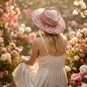 Vegan Suede Wide Brim Hat: Engraved Angel Wings and Roses Dusty Pink