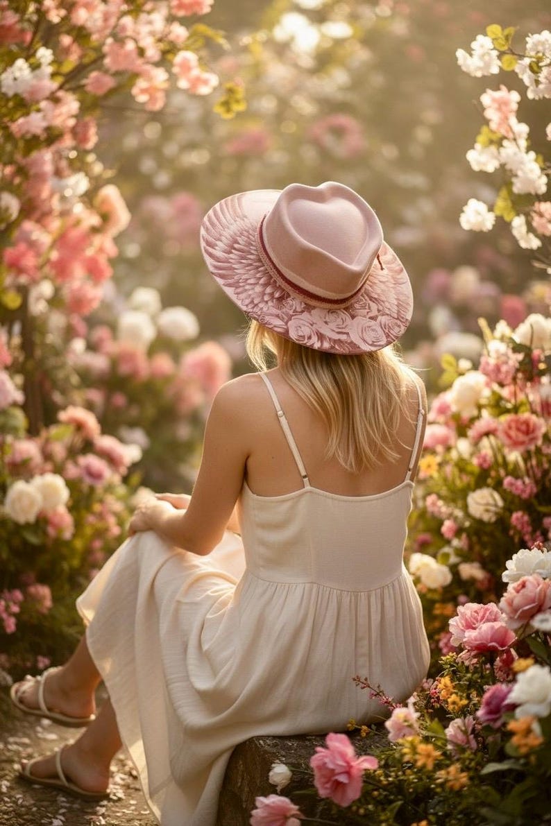Vegan Suede Wide Brim Hat: Engraved Angel Wings and Roses Dusty Pink
