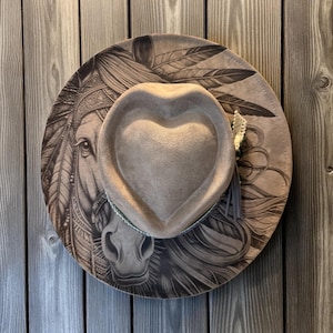 Vegan Suede Wide Brim Hat: Engraved Horse & Feather Design