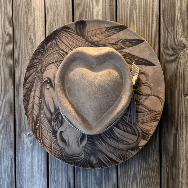engraved wide brim hat with horse and feather design vegan suede