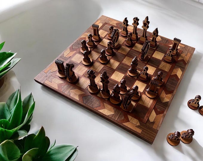 Handcrafted Wooden Chess Set: Walnut, Hickory, Sapele, Cherry