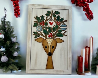 Festive Christmas Deer Decor Sign - Holiday Deer with Holly and Bulbs