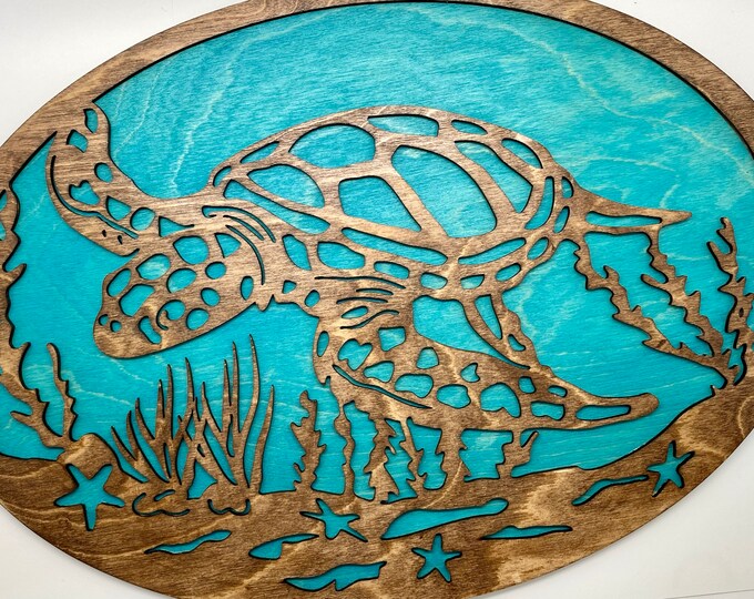 Sea Turtle Wall Art, Wooden Ocean Life Wall Art, Swimming Sea Turtle