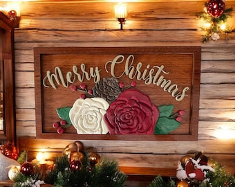 Handcrafted Merry Christmas Sign: Birch Wood, Floral & Pinecone Decor