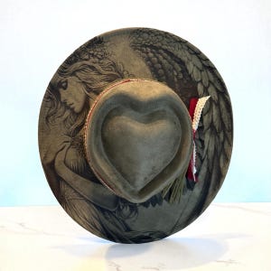 Vegan Suede Wide Brim Burned Hat: Engraved Angel Wing, Heart Crown