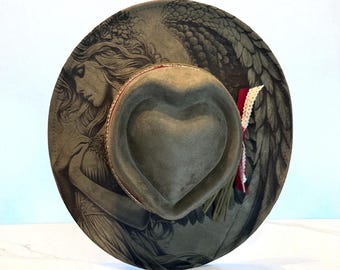 Vegan Suede Wide Brim Burned Hat: Engraved Angel Wing, Heart Crown