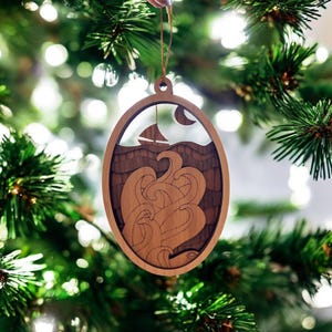 Octopus and Sailboat Christmas Ornament – Kraken Ornament - Nautical Laser-Cut Wood Art