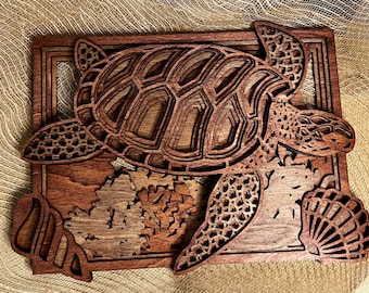 Laser Cut Sea Turtle Wall Art: Layered Wood