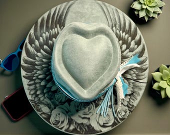Vegan Suede Wide Brim Hat: Engraved Angel Wings and Roses