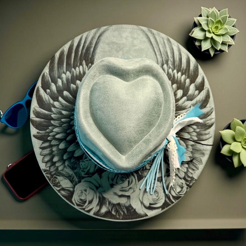 Vegan Suede Wide Brim Hat: Engraved Angel Wings and Roses image 1