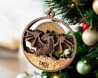 Personalized Dragon Ornament – Handcrafted from Hickory, Mahogany, Oak, and Walnut - Unique Christmas Gift
