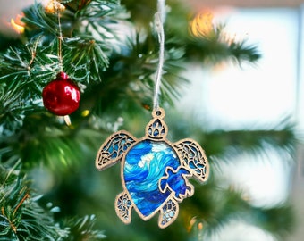 Stained Glass Style Sea Turtle and Baby Wood Christmas Ornament